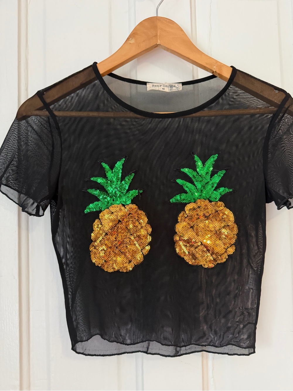Bear Dance Black Mesh Crop Top with Gold & Green Pineapple Sequins
